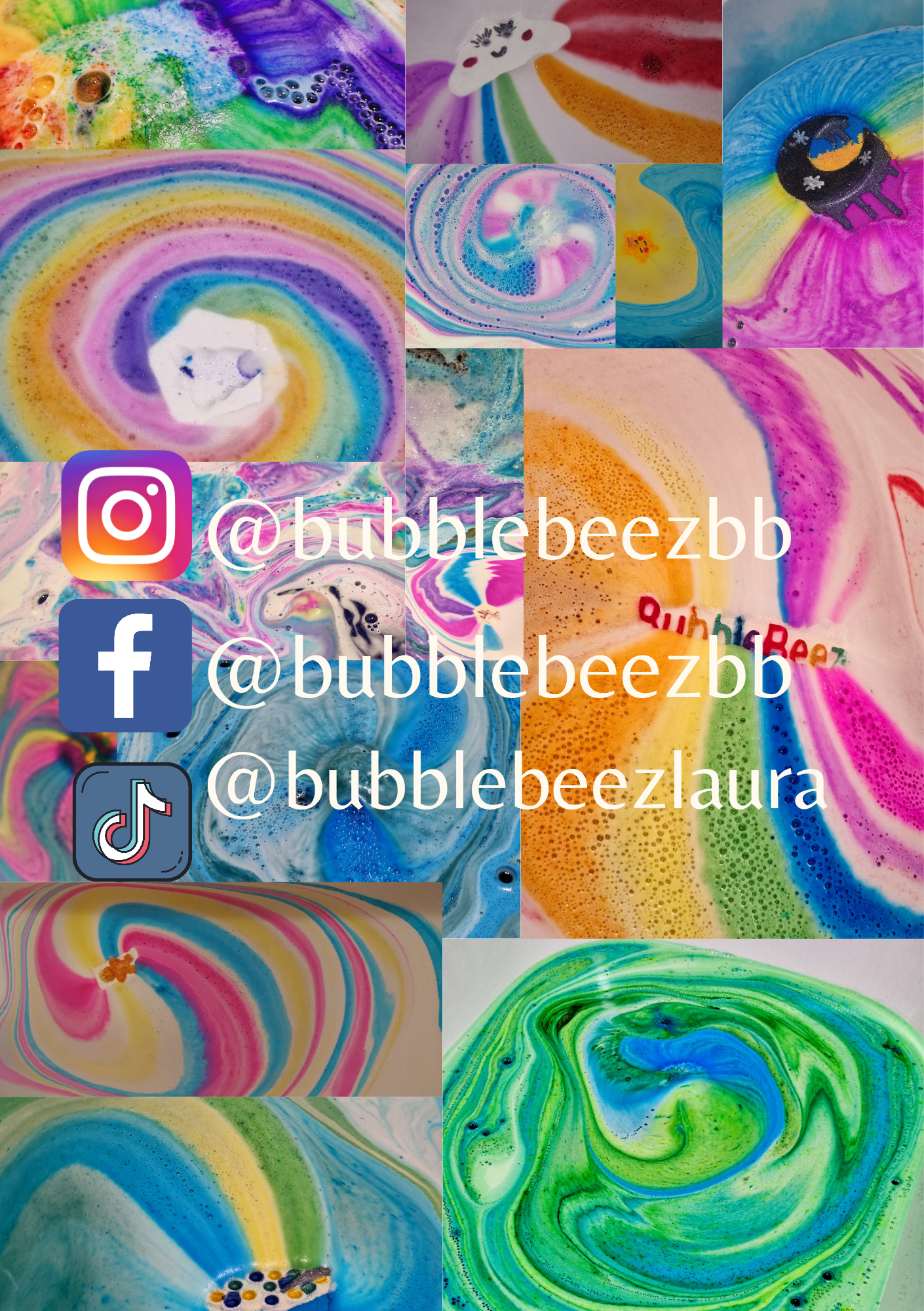 BubbleBeez bath art, bathbombs in action. BubbleBeez social media handles 